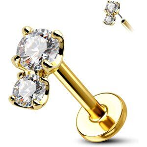 14K Gold Cartilage Earring with Cubic Zirconia - 16g, Flat Back, Helix Piercing